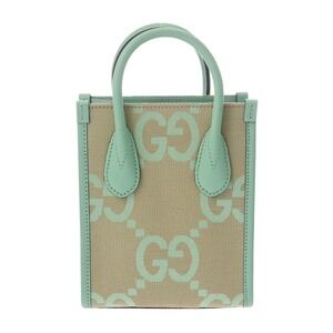 Gucci Jumbo GG Tote Beige Green Canvas Leather Bag